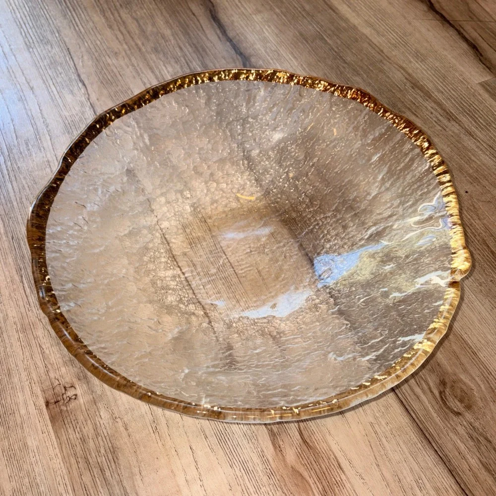Glacier IVV Italian Textured Art Glass 10K Gold Trim Bowl 13